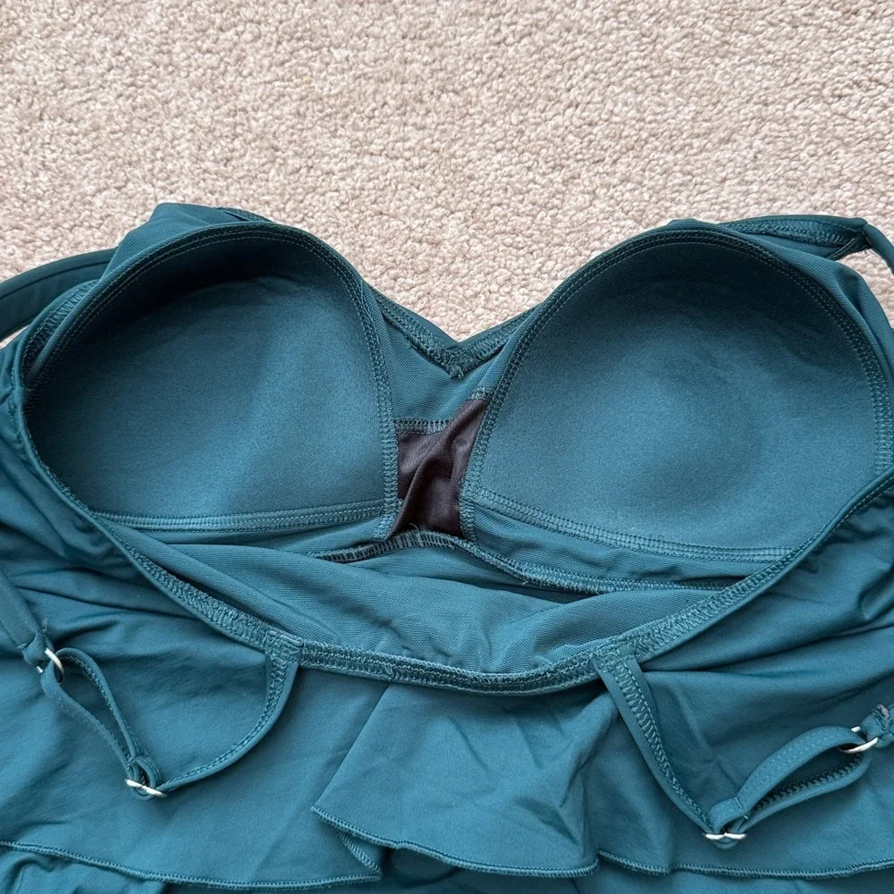 NWOT Lands End Smoothing Ruffle Fauxkini Hunter Green One Piece Swimsuit Size 14